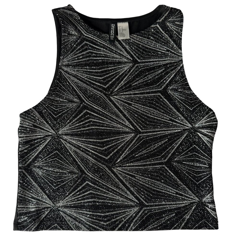Forever 21 Metallic Geo Print Crop Tank – Black & Silver, Size Medium